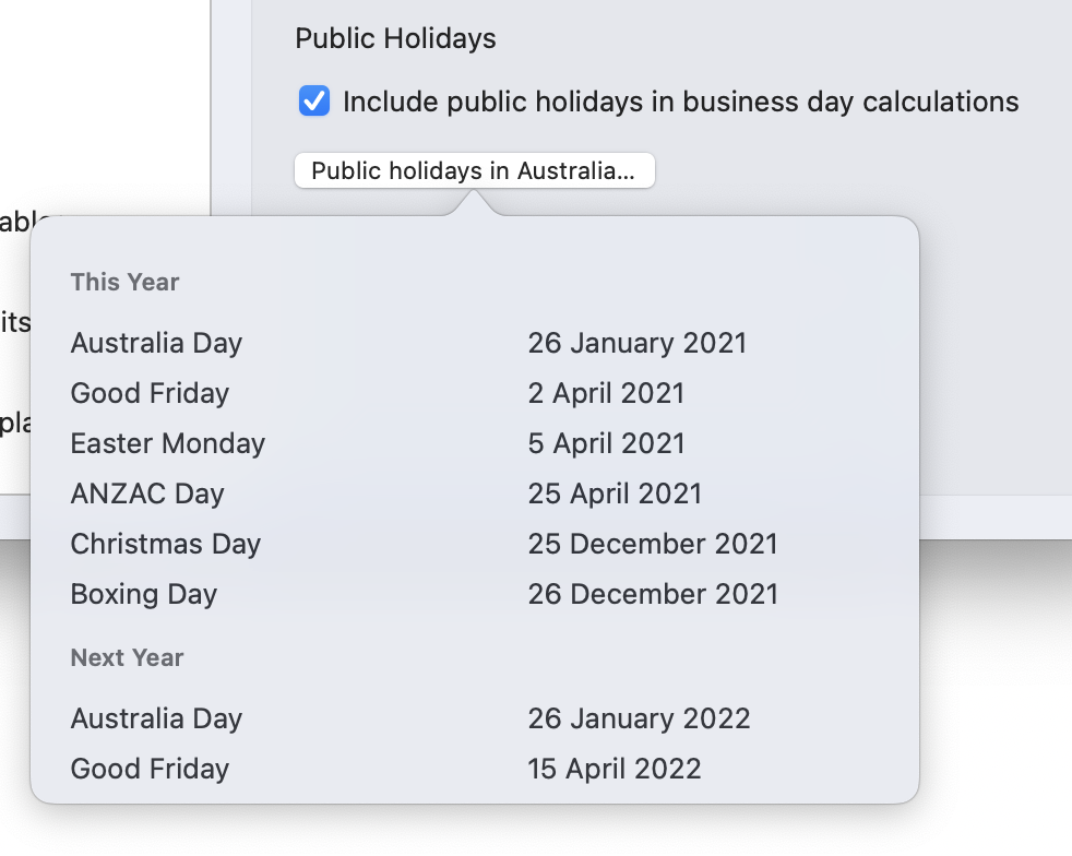 Días festivos para un usuario de Soulver en Australia